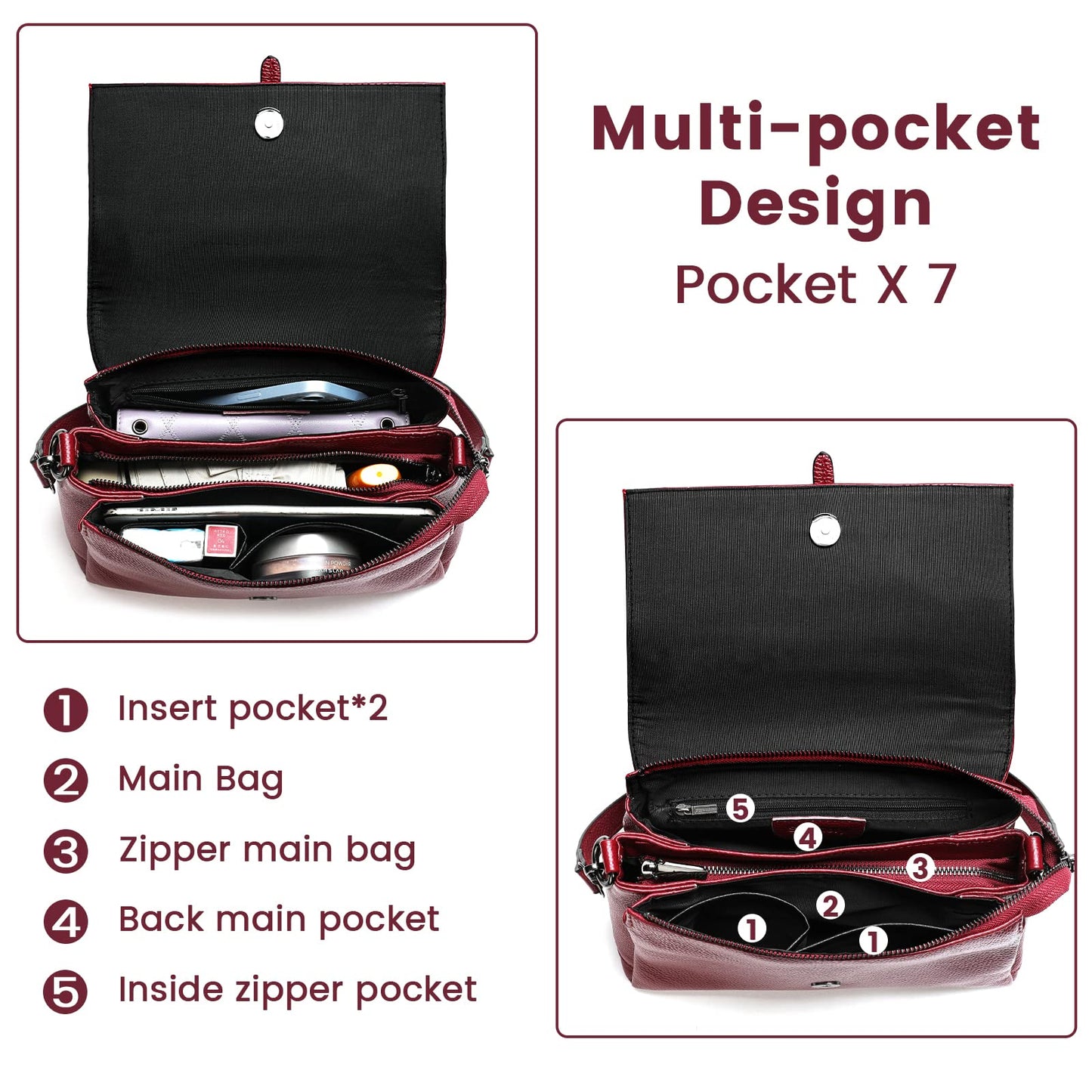 SHESTORY Women Genuine Leather Shoulder Bags Classic Crossbody Purses for Lady Handbag (Wine)