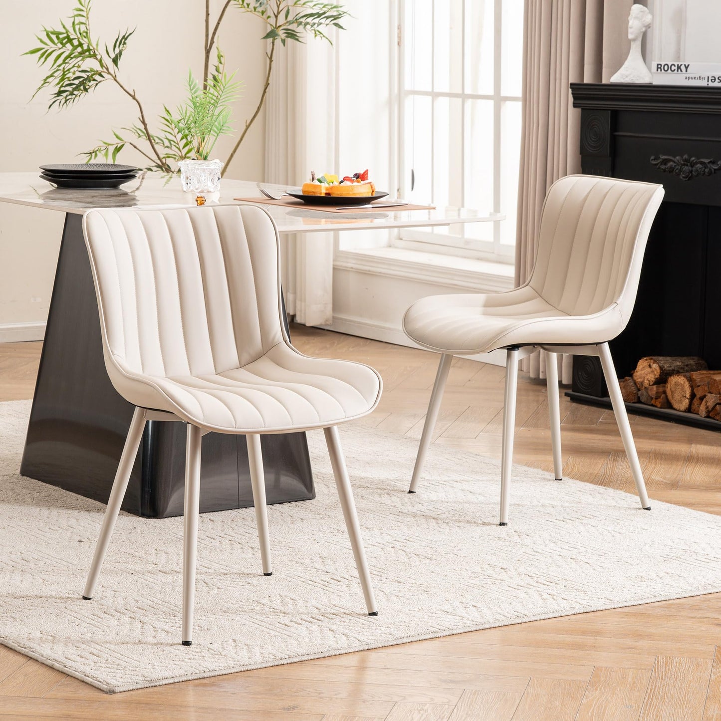YOUNUOKE Mid-Century Modern Dining Chairs Set of 2, Cream PU Leather Upholstered Kitchen Chairs with Cream Metal Legs, Armless Accent Chair for Dining Room, Guest Reception Room