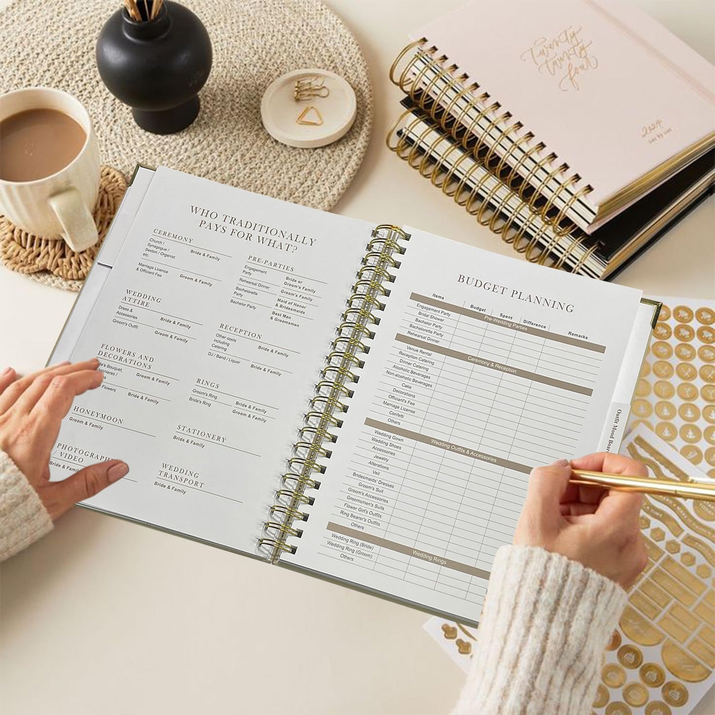 WeddingGiftsWedding Wedding Planner Book and Organizer for Bride - Elegant Linen Cover Wedding Planning Binder with Checklists,Pockets & Calendars,Perfect Engagement Gifts for Couples(Apricot)