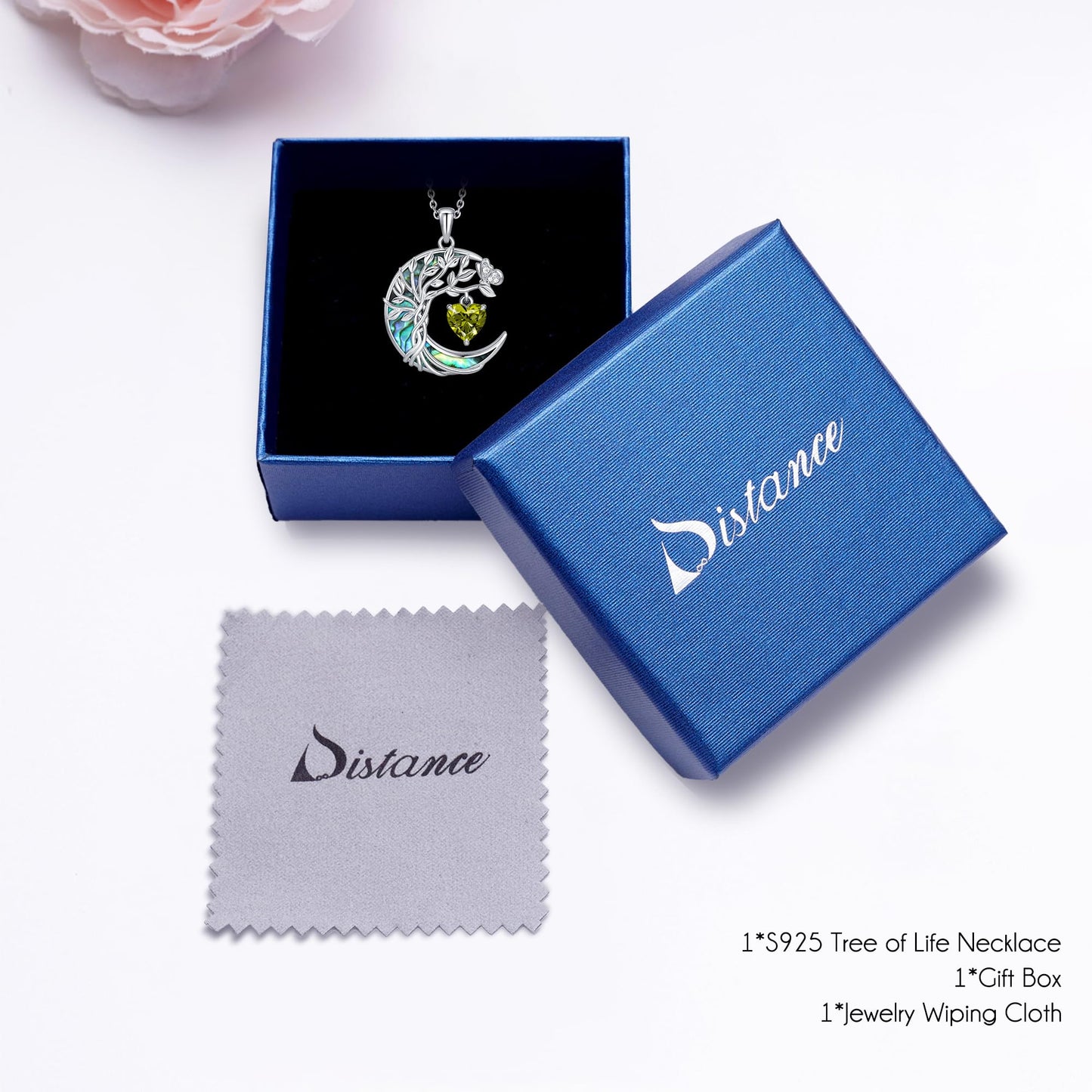 Distance Tree of Life Birthstone Necklace for Women, S925 Sterling Silver Premium Abalone Shell Moon Pendant August Heart Birthstone Necklace, Peridot Jewelry Christmas Birthday Gifts for Her Mom Wife