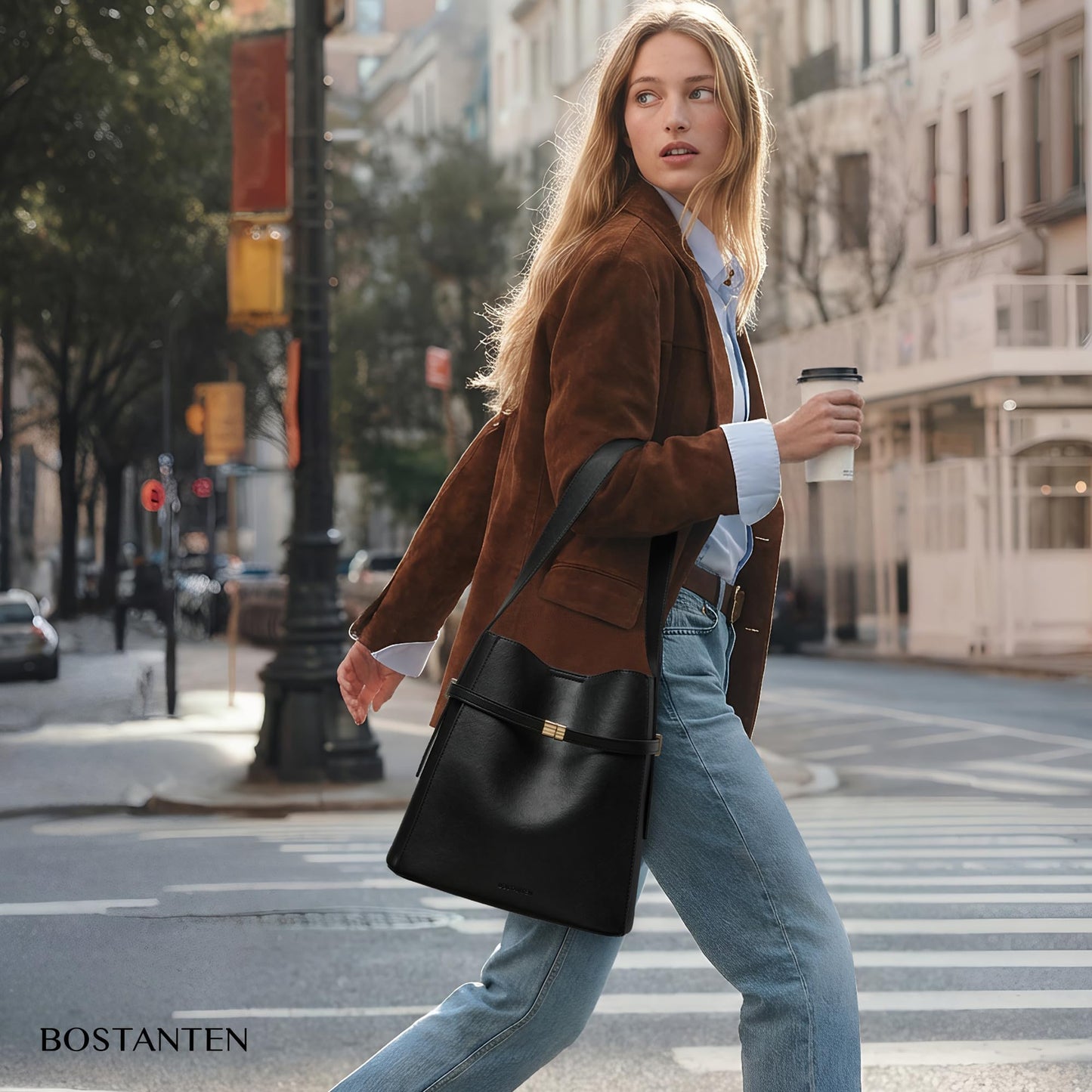 BOSTANTEN Bucket Bag Soft Vegan Leather Purses for Women Trendy Shoulder Handbags with Separate Pouch Black