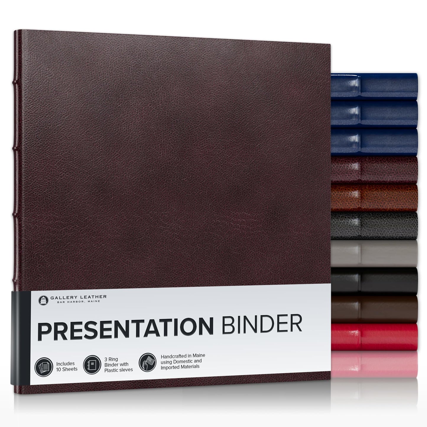 Gallery Leather 3 Ring Binder with Plastic Sleeves, Includes 10 Sheets, Sheet Size: 8.5" x 11" - Presentation Binder Rings with Hubbed Spine, Thick: 0.75" Belfast Burgundy