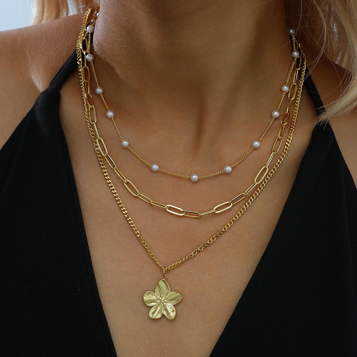 YEEZII Layered Gold Necklaces for Women Trendy, 3 Pcs 14K Gold Plated Choker Paperclip Box Chain Necklace, Stackable Women's Gold Pendant Necklaces Jewelry Set (Gold-3 Pcs-Flower)
