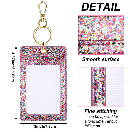 Weewooday 3 Pcs Glitter Pink ID Badge Holder with Clear Window Sparkling Badge Holder Key Chain Work Badges Reel Clip PU Leather Keychain Accessory for Nurse, Teacher, Student, Doctor, Women