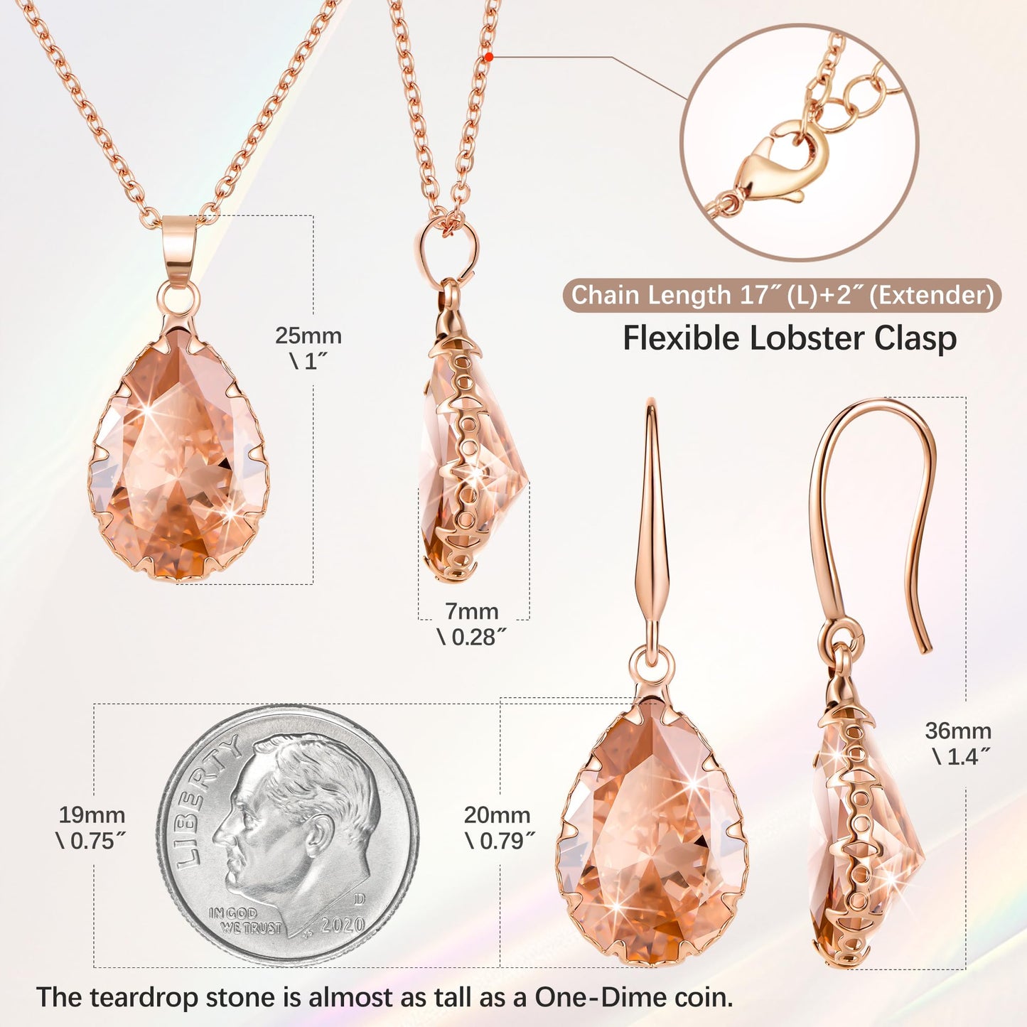 Linawe Citrine Crystal Jewelry Sets for Women Rose Gold, Imitation Diamond Pendant Necklace Set, Yellow Rhinestone Drop Dangle Earrings Set, Birthstone Cubic Zirconia Matching Wedding Jewelry