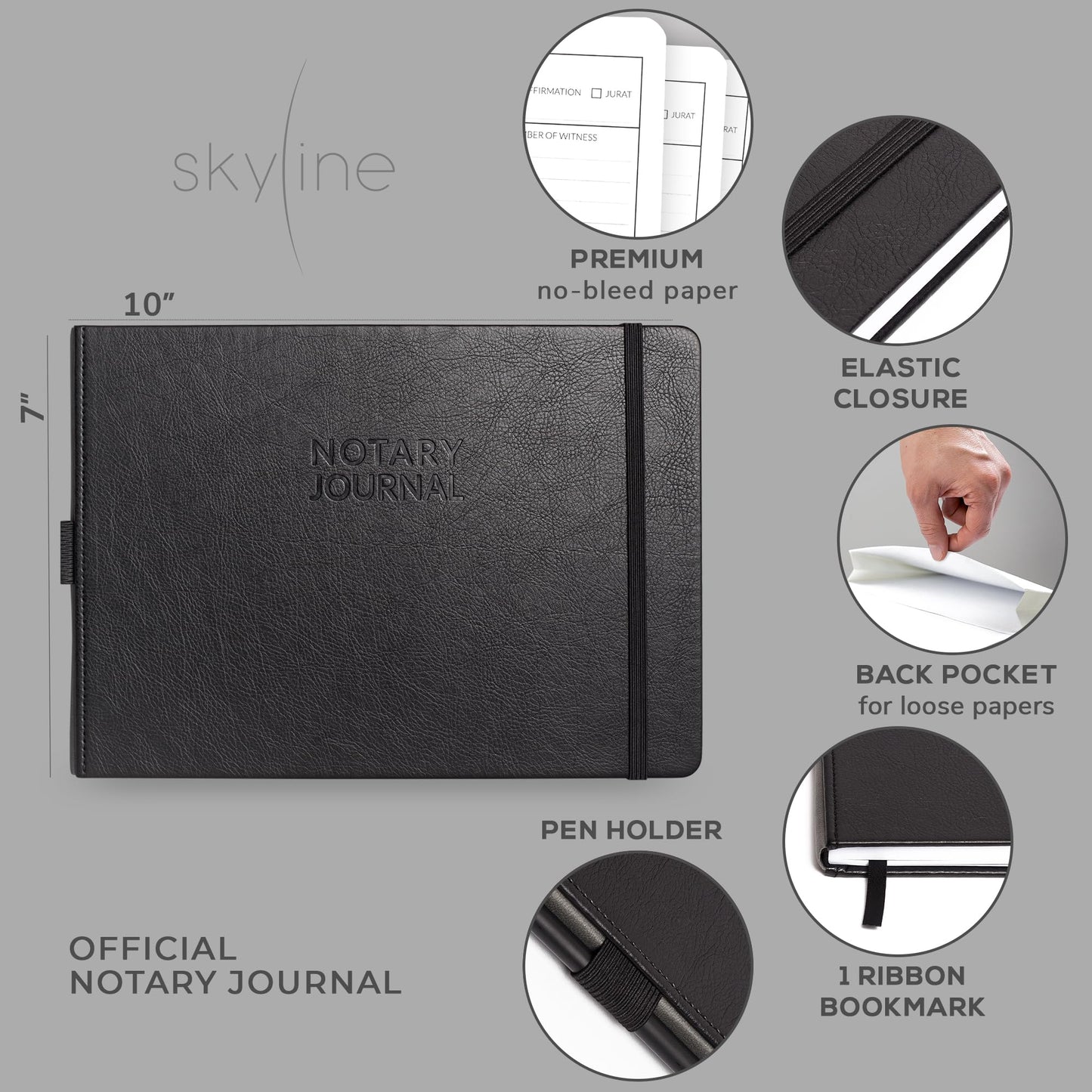 Skyline Notary Journal – Official Notary Public Record Book with Numbered Pages – Log Book for Notarial Acts & Records – Notary Supplies – 250 Entries, Hardcover, 10x7″ (Black)