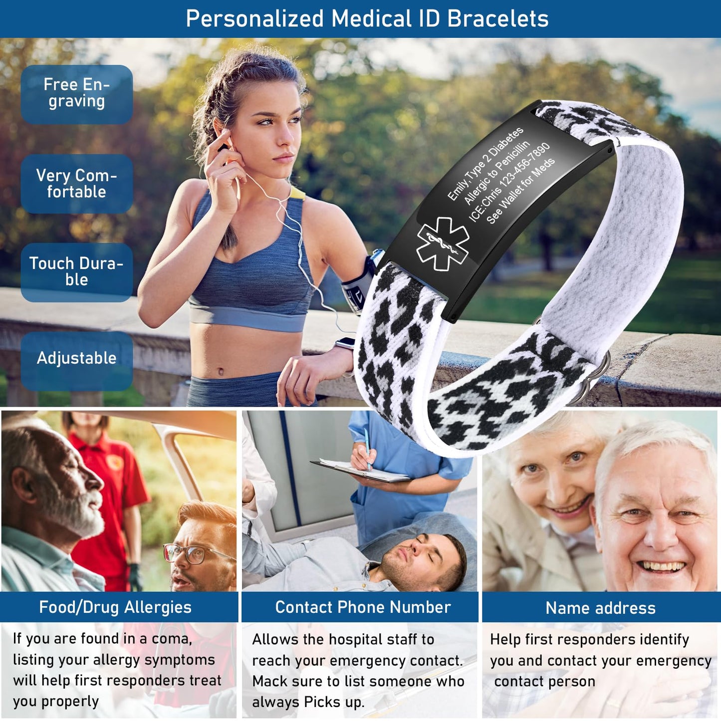 VNOX Medical Alert Bracelets for Men & Women with Free Engraving Adjustable Stainless Steel Mesh Emergency Medical ID Bracelets Wristband