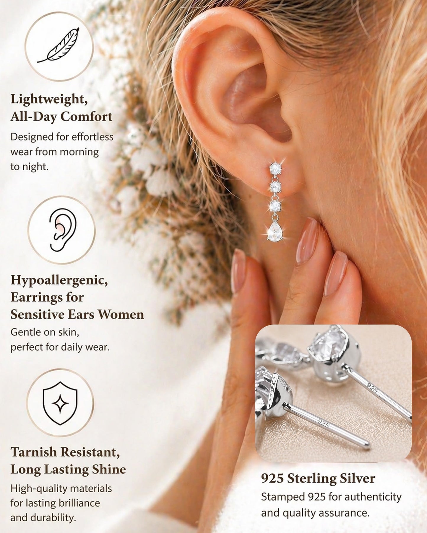 Asdecy 925 Sterling Silver Dangle Earrings for Women Trendy - Brides Drop Dangle Cubic Zirconia Elegant Prom Bridal Bridesmaids Wedding Anniversary Dangling Jewelry