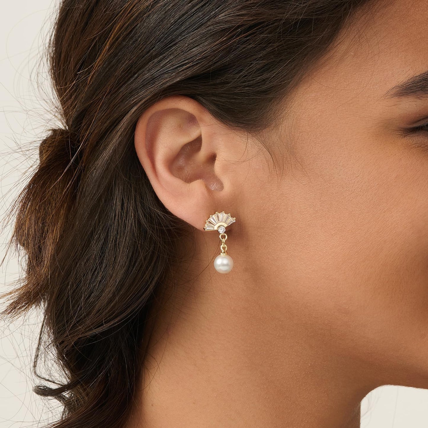 PRTGL Pearl Earrings: 14k Gold-plated Cubic Zirconia Accented Pearl Drop Wedding Engagement Earrings For Women Bridal Bridesmaid (Fan Designed)