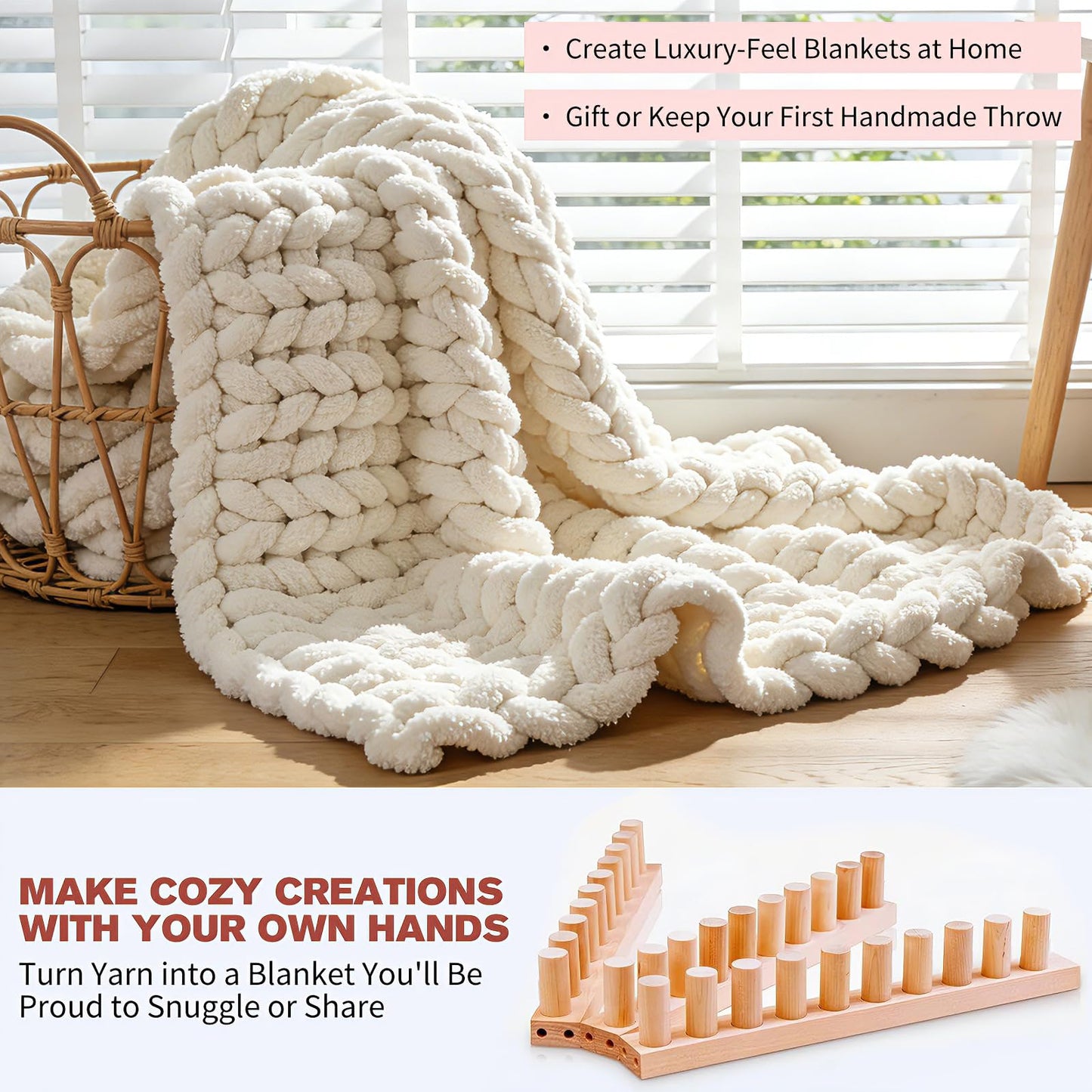 46" Chunky Blankets Loom Knitting, Wooden Knitting Loom Frame for Hand, Adjustable DIY Knitting Loom for Beginners, Reusable Blanket Loom for Bulky Yarn Gifts & Crafts