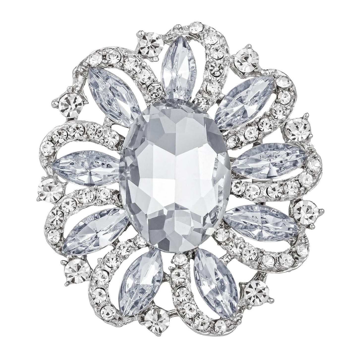 SELOVO Crystal Brooch with Oval Center Stone Sparkling Rhinestone Vintage Flower Design Wedding Bridal Pin Silver Tone