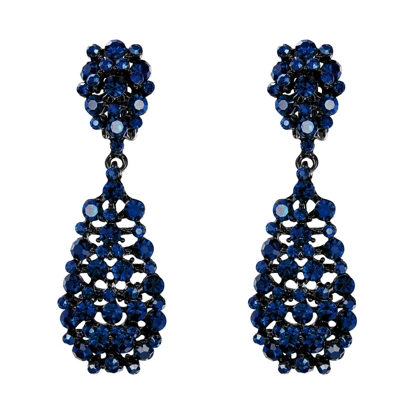 EVER FAITH Women's Jewelry Crystal Hollow-out Teardrop Vintage Inspired Dangle Clip-on Earrings Navy Blue Black-Tone