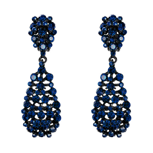 EVER FAITH Women's Jewelry Crystal Hollow-out Teardrop Vintage Inspired Dangle Clip-on Earrings Navy Blue Black-Tone