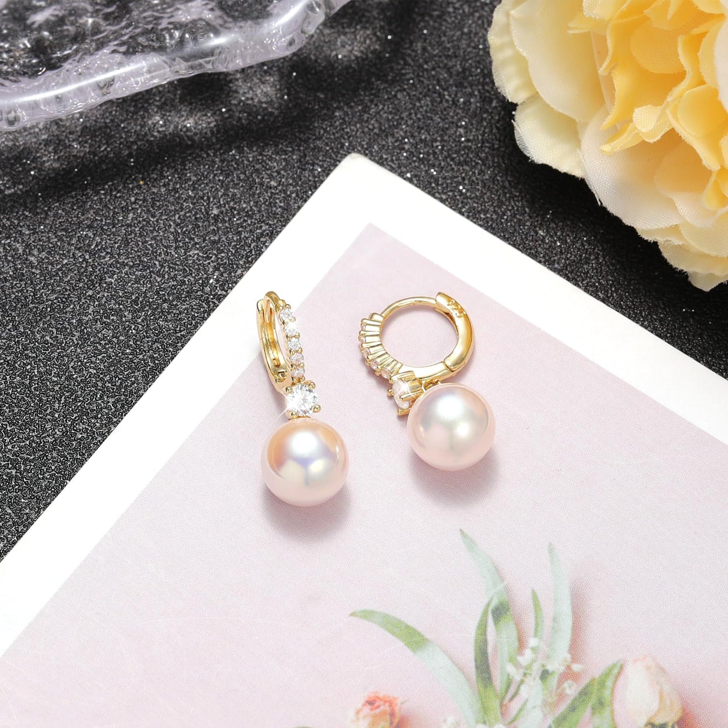 Pearl Earrings for Women 14K Gold Plated Hypoallergenic Pearl Earrings 5A Cubic Zirconia Dangle Earrings Elegant Jewelry (2-Gold-Pink)