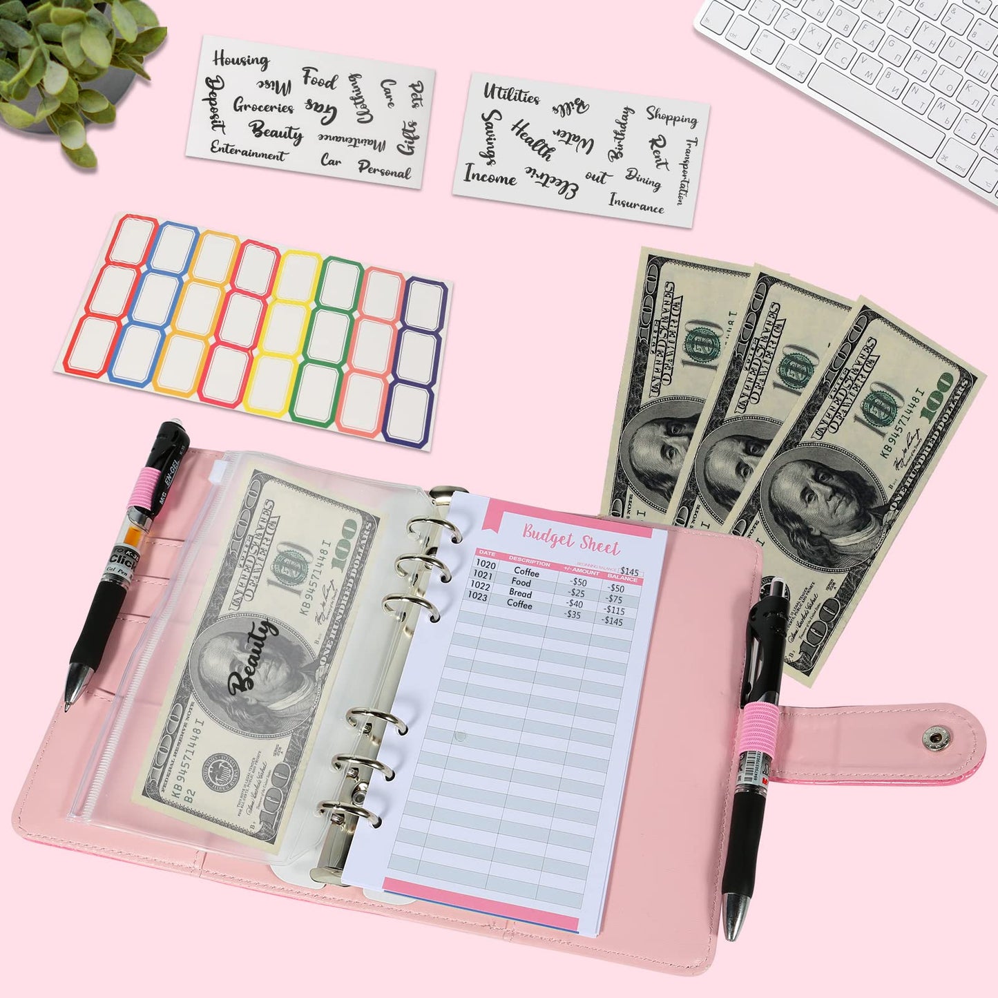 Budget Binder with Zipper Envelopes - Crocodile Pattern Leather Money Organizer, Cash Saving Book Budgeting Planner, Cash Stuffing Folder Envelope System, A6 Bill Binders with Pockets, Pink