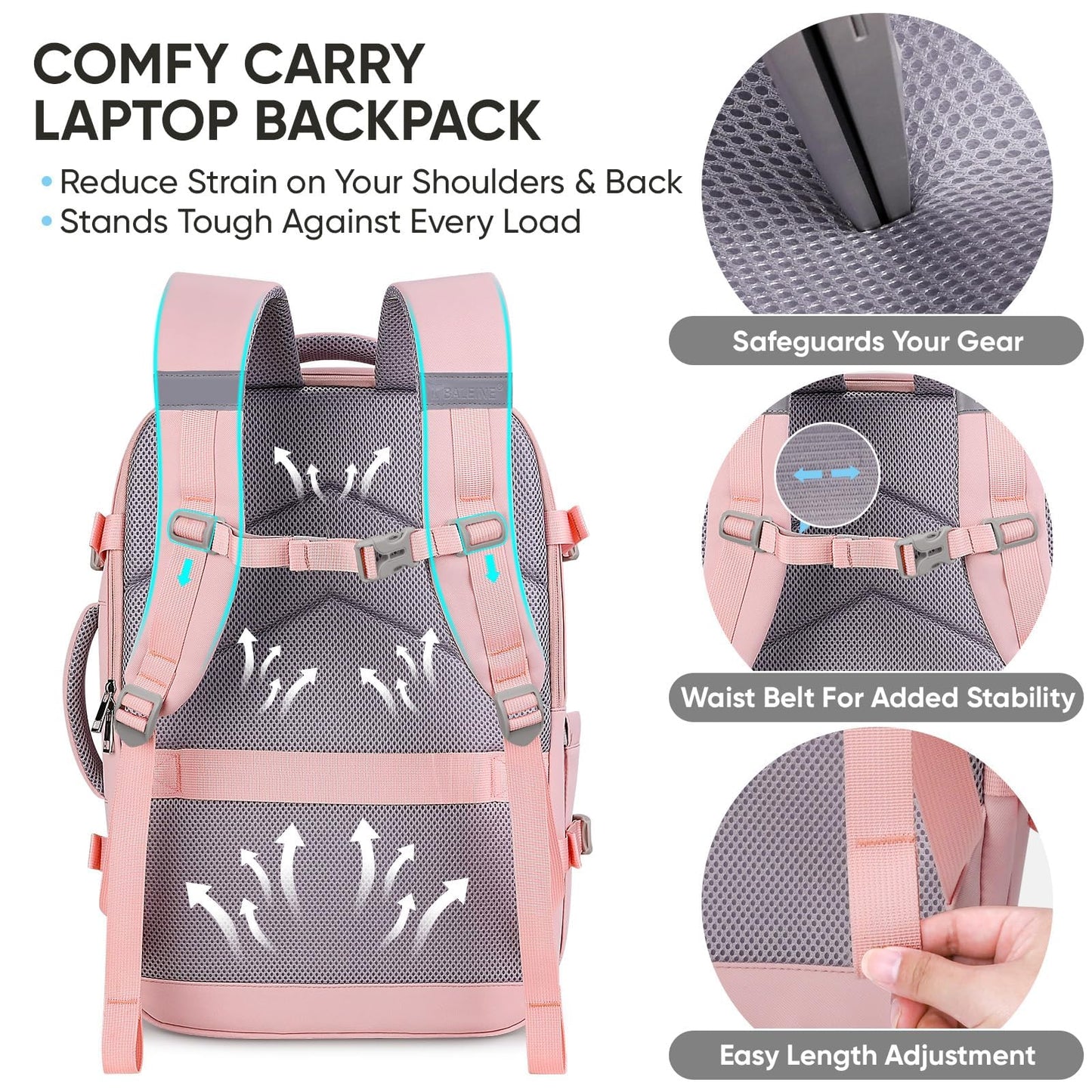 BALEINE Travel Backpack for Women Men, Large Sturdy Carry On Laptop Backpack Gifts for Business, Casual, Weekender, Hiking (Large, Pink)