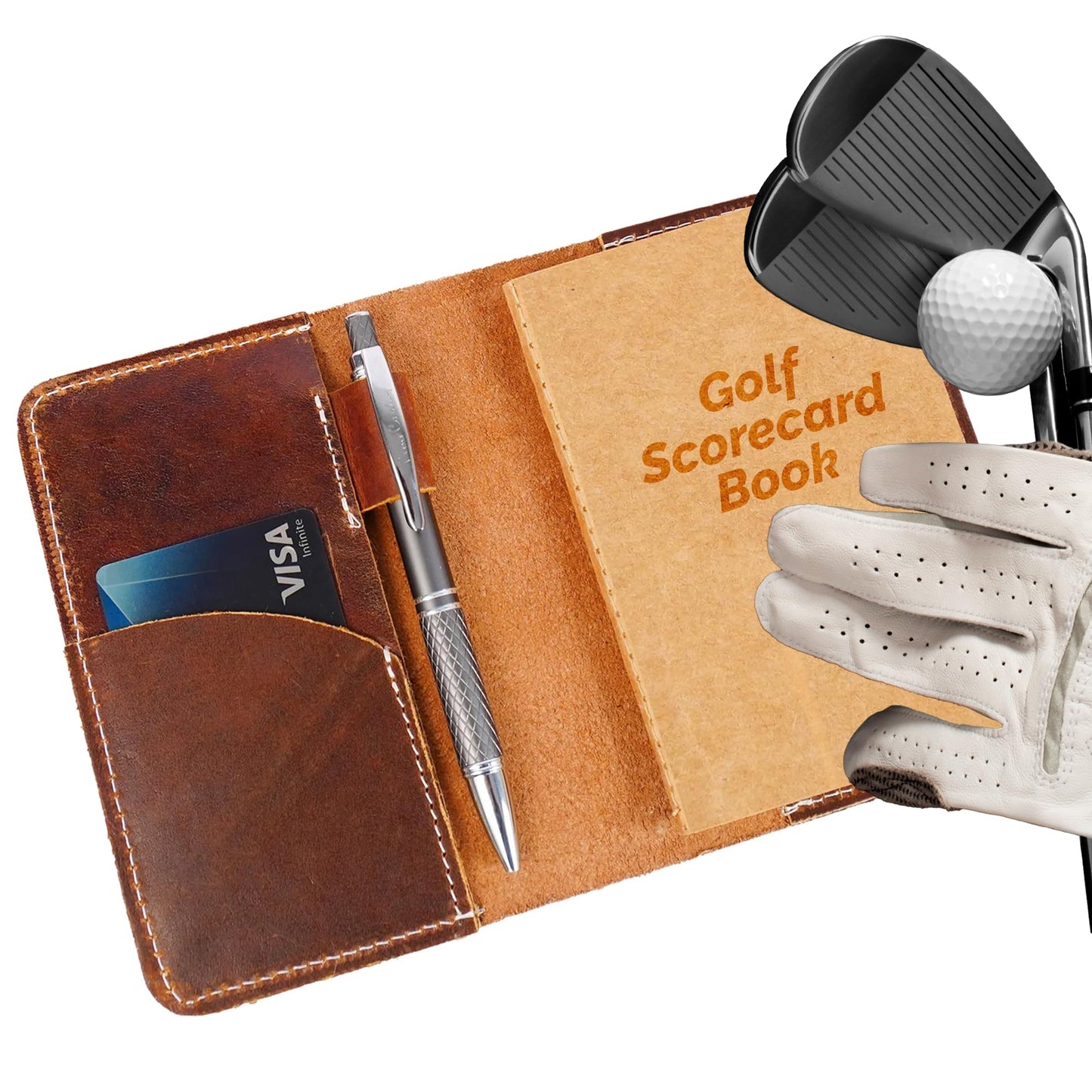 RAW HYD Leather Golf Scorecard Holder Book w/Slot & Pen Loop – Full-Grain Leather Golf Yardage Book & Stat Tracking Book – Refillable Scorecard & Lineup Card Holder for Serious Golfers