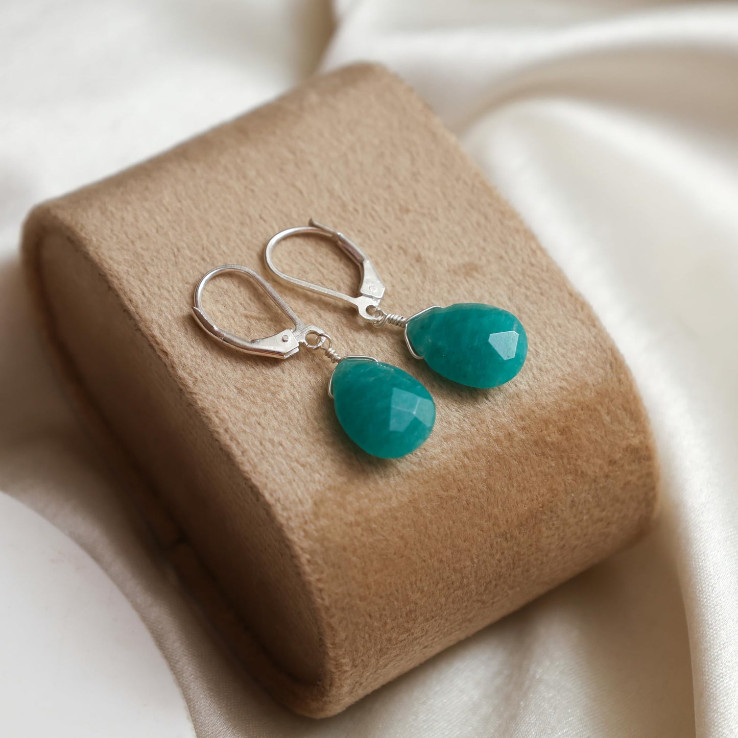GemInspire Natural Amazonite Pear Drop Earrings for Women Teardrop Crystal Dangle Earrings 925 Sterling Silver Leverback Lightweight Gift for Her