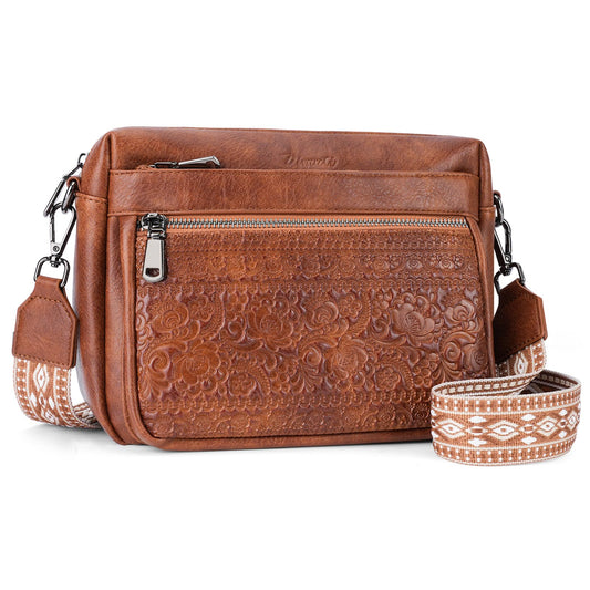 VIMUTI Crossbody Bags for Women Trendy,Leather Crossbody Purses Embossed Design,Multi Pocket Lightweight Shoulder Handbag (01-Brown)