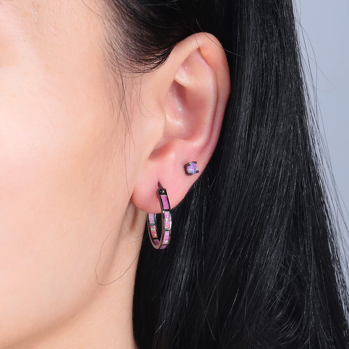 CiNily 2 Pairs Hoop Earrings Set Hypoallergenic Tiny Black Purple Opal Stud Earrings 14K Black Gold Plated Hoop Earrings for Women Men Jewelry