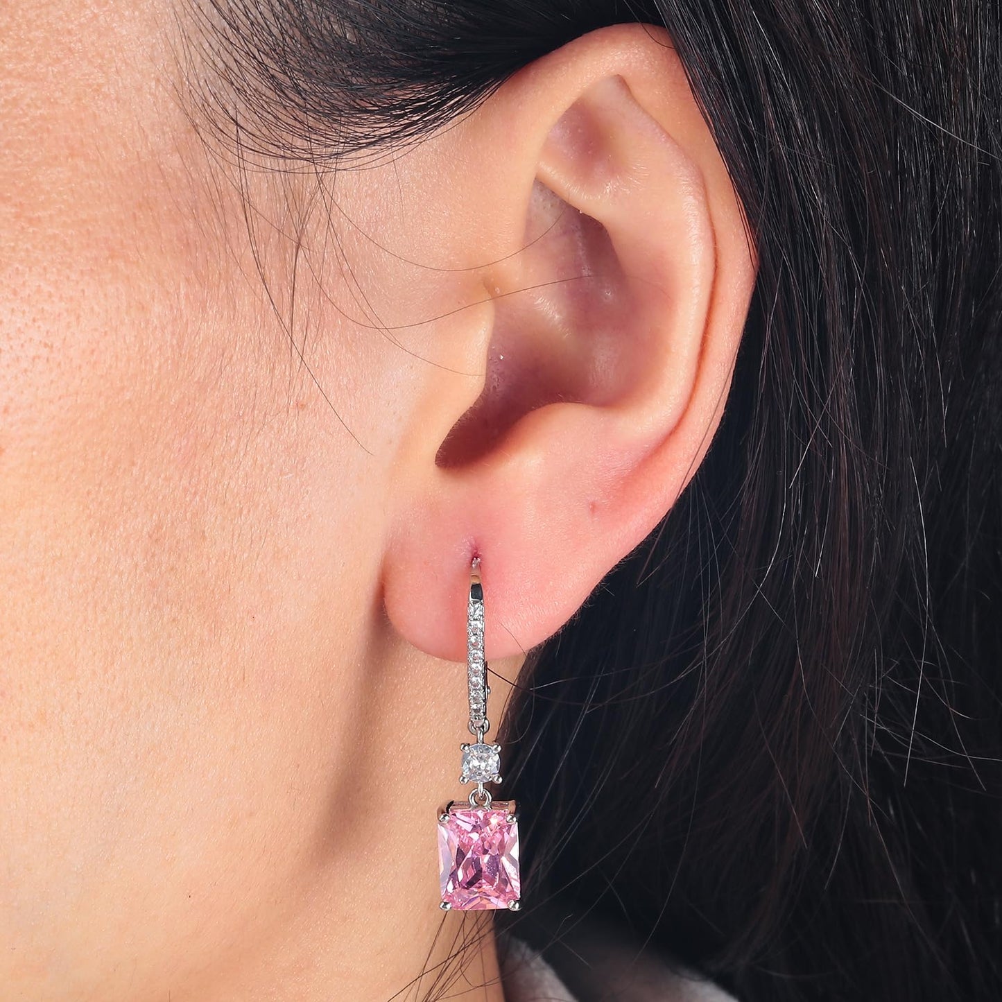 CiNily Leverback Earrings for Women Rectangular-cut Drop Dangle Earrings Hypoallergenic, 14K White Gold Plated Pink Cubic Zircon Earrings Diamond Dangle Earrings Jewelry Birthday