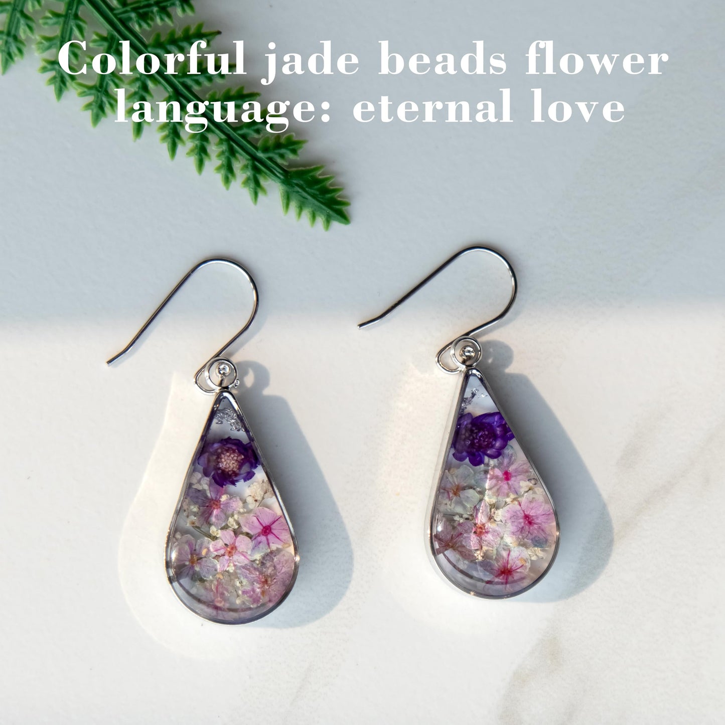925 Sterling Silver Pressed Flower Teardrop Earrings,Hypoallergenic Women's Jewelry Gift for Mom,Handmade natural dried flower teardrop earrings Jewelry Gift (Emerald Color)