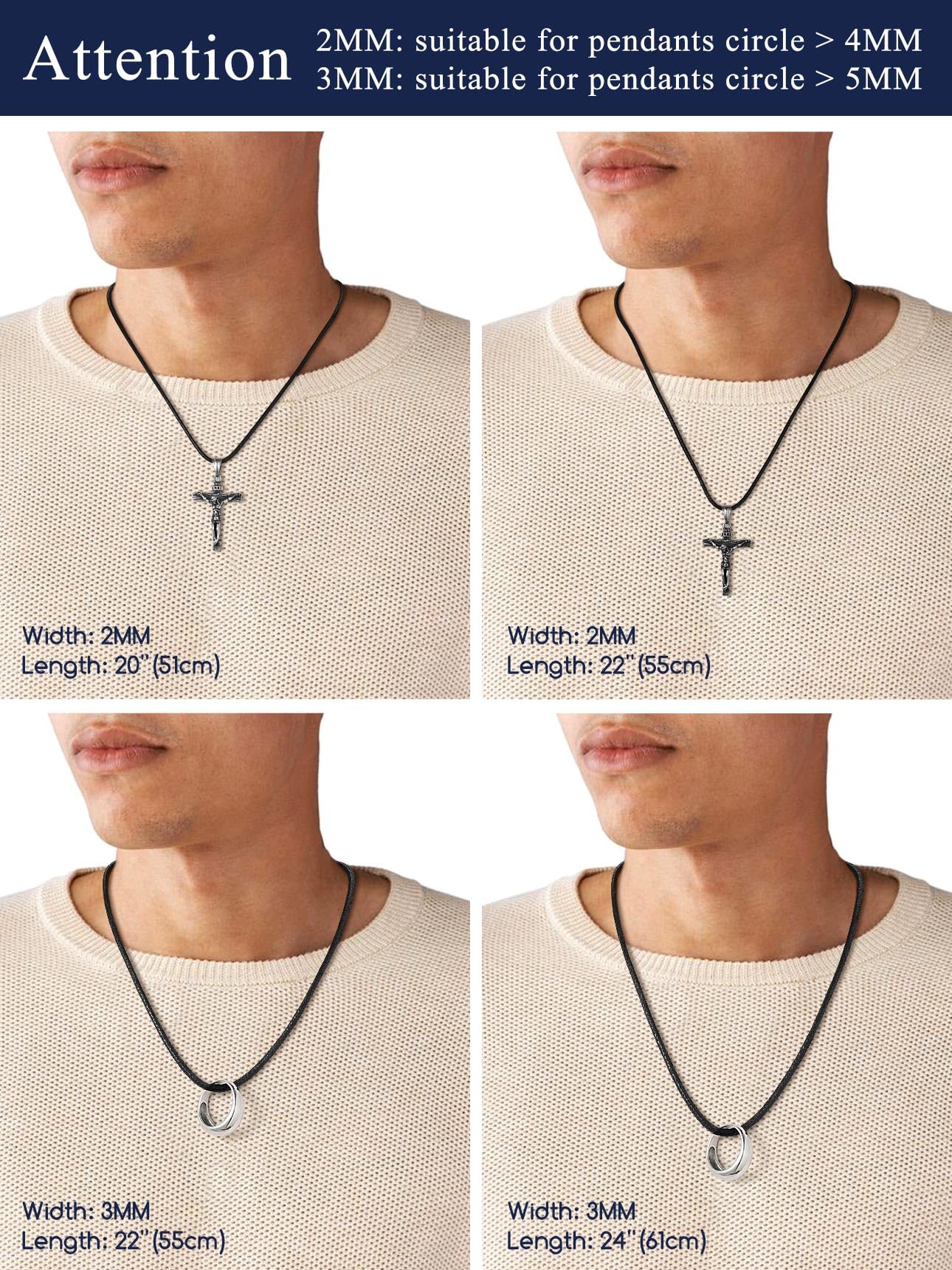 Suplight Waterproof 3mm Woven Wax Rope Chain For Men Women, Black Leather Necklace Cord With Superb Strong Clasp, Breathable Braided Leather Necklace DIY Jewelry For Pendant 18inch