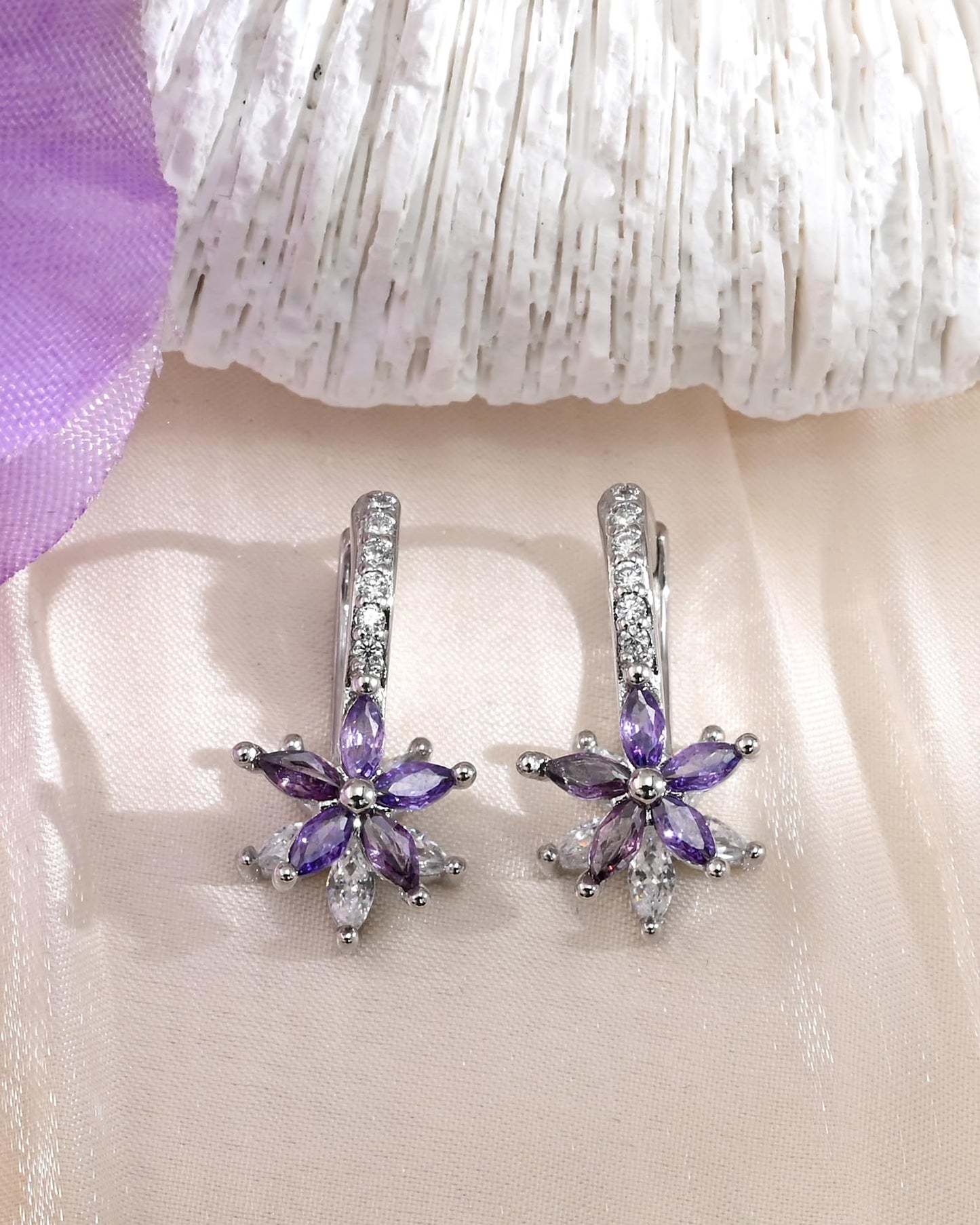 Watforsh 925 Sterling Silver Flower Earrings for Women Leverback Earrings with Purple Crystal Double Floral Hoops for February Amethyst Birthstone Jewelry