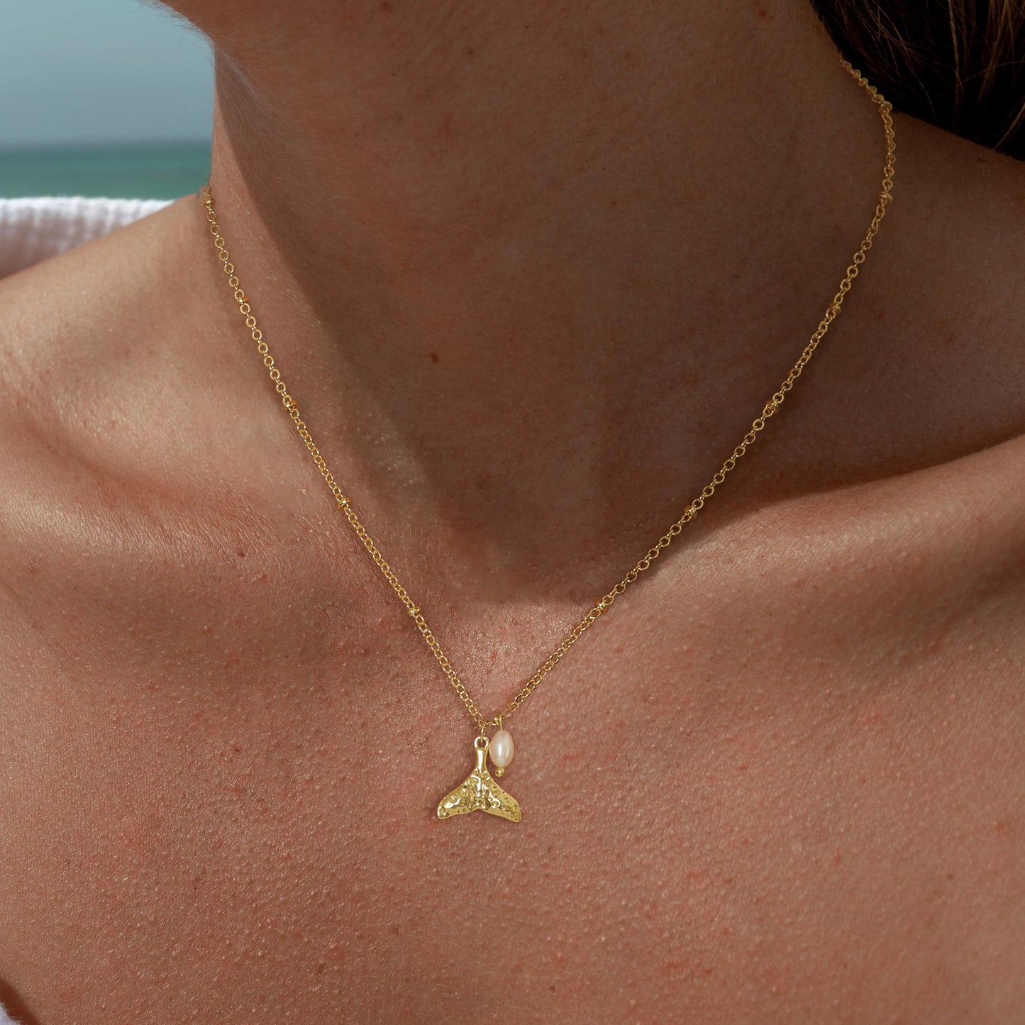 Dainty Gold Necklace for Women,14K Gold Plated Pearl Necklace Trendy Simple Whale Tail Necklaces Cute Fashion Summer Beach Pearl Jewelry for Women
