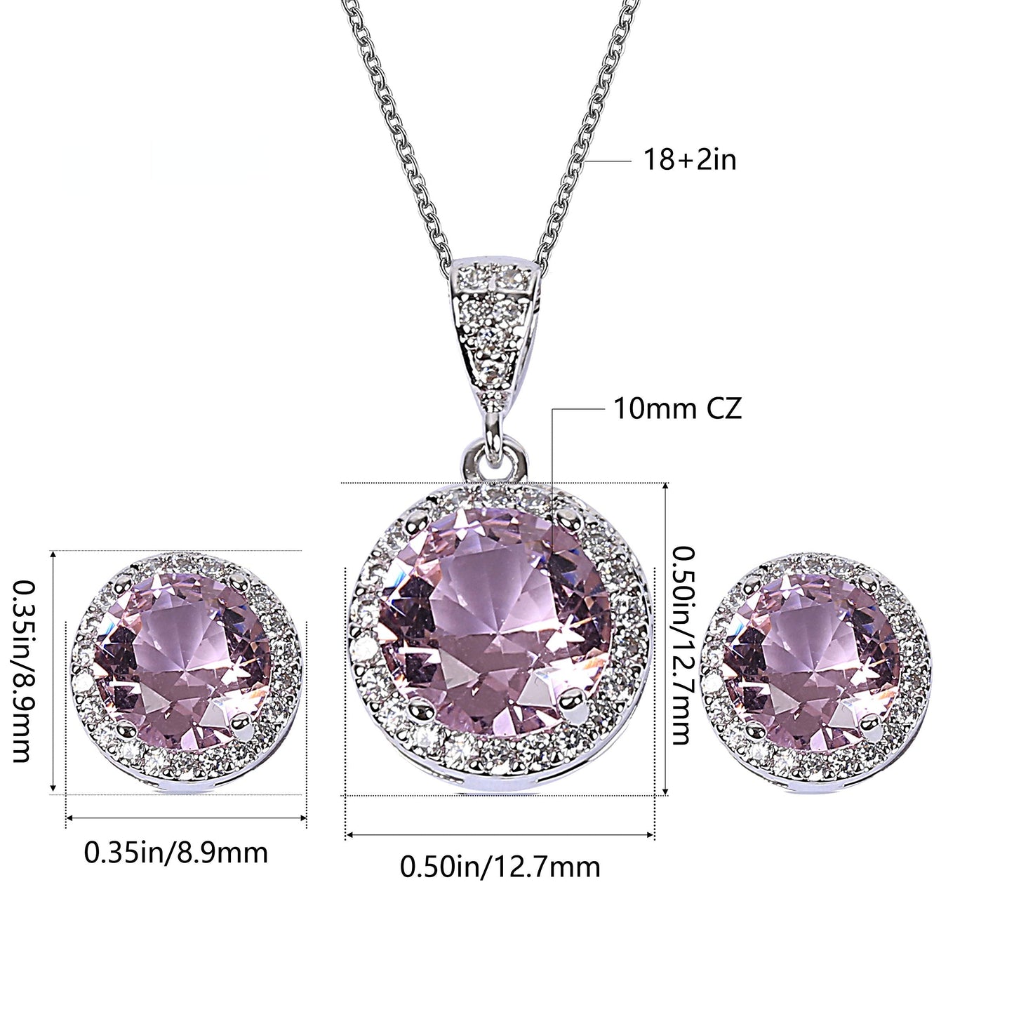 AMYJANE Bridal Jewelry Set for Women - Sterling Silver Round Pink Crystal Cubic Zirconia Pendant Necklace Earrings Set for Wedding Bride Bridesmaids Party Prom Valentine's Day Jewelry Accessories