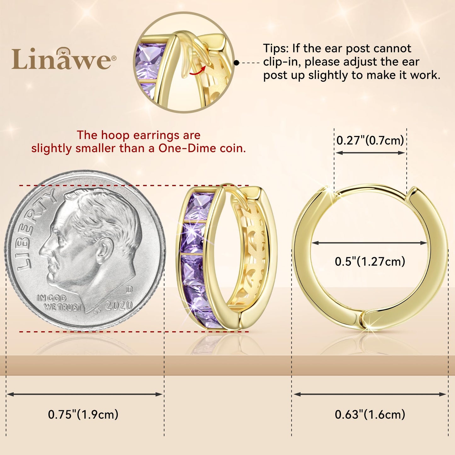 Linawe Purple Gold Hoop Earrings for Women Trendy, Cubic Zirconia Amethyst Earrings Studs, Helix Cute Small Cuff Hoop, Huggie Earrings, Ear Tragus Safety Pin Cartilage