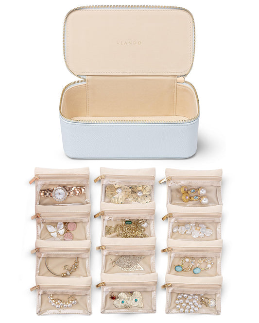 Vlando Jewelry Travel Case,Travel Jewelry Organizer with Clear Velvet Jewelry Bags 12Pcs Zipper Pouch for Women Girls-Baby Blue