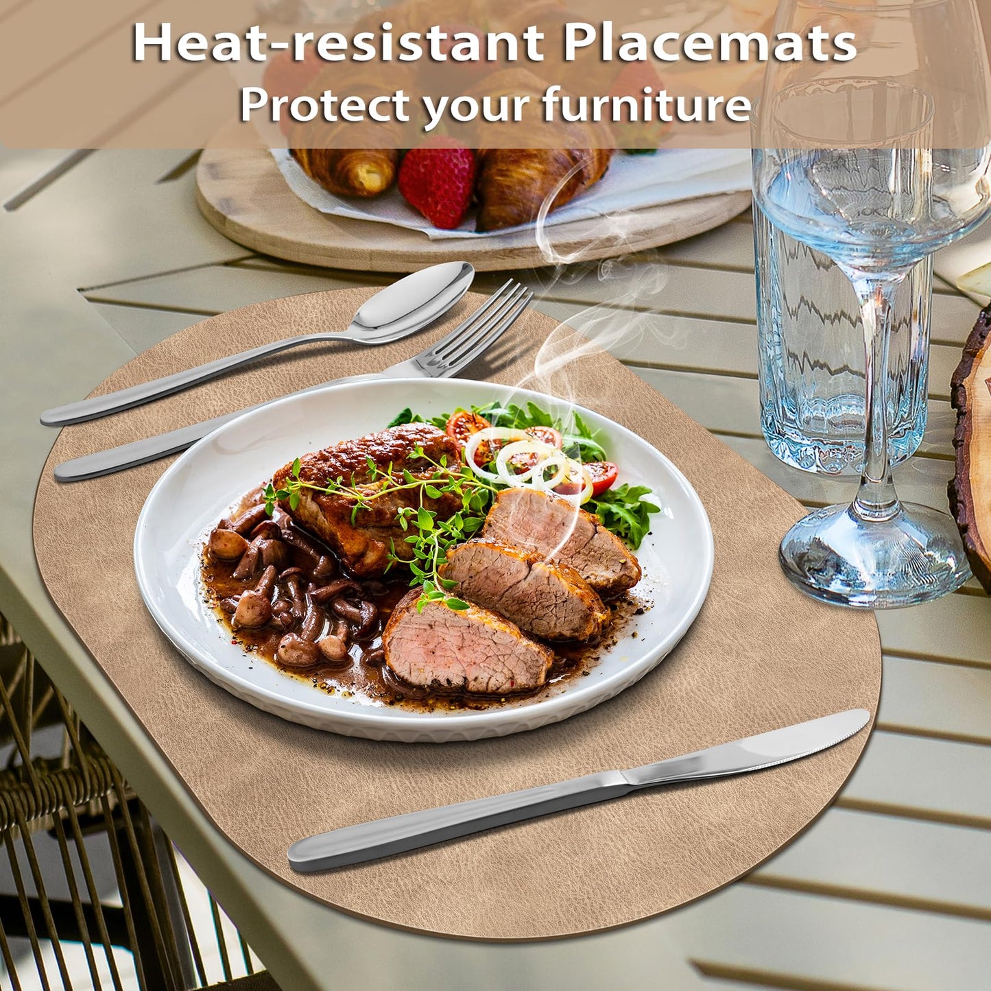 ADRIMER Placemats, Heat Resistant Oval Placemats Set of 4 Washable 12 x 17 Inch, Waterproof Table Placemats Set of 4, Wipeable Faux Leather Placemats for Kitchen, Dining Room, Apricot