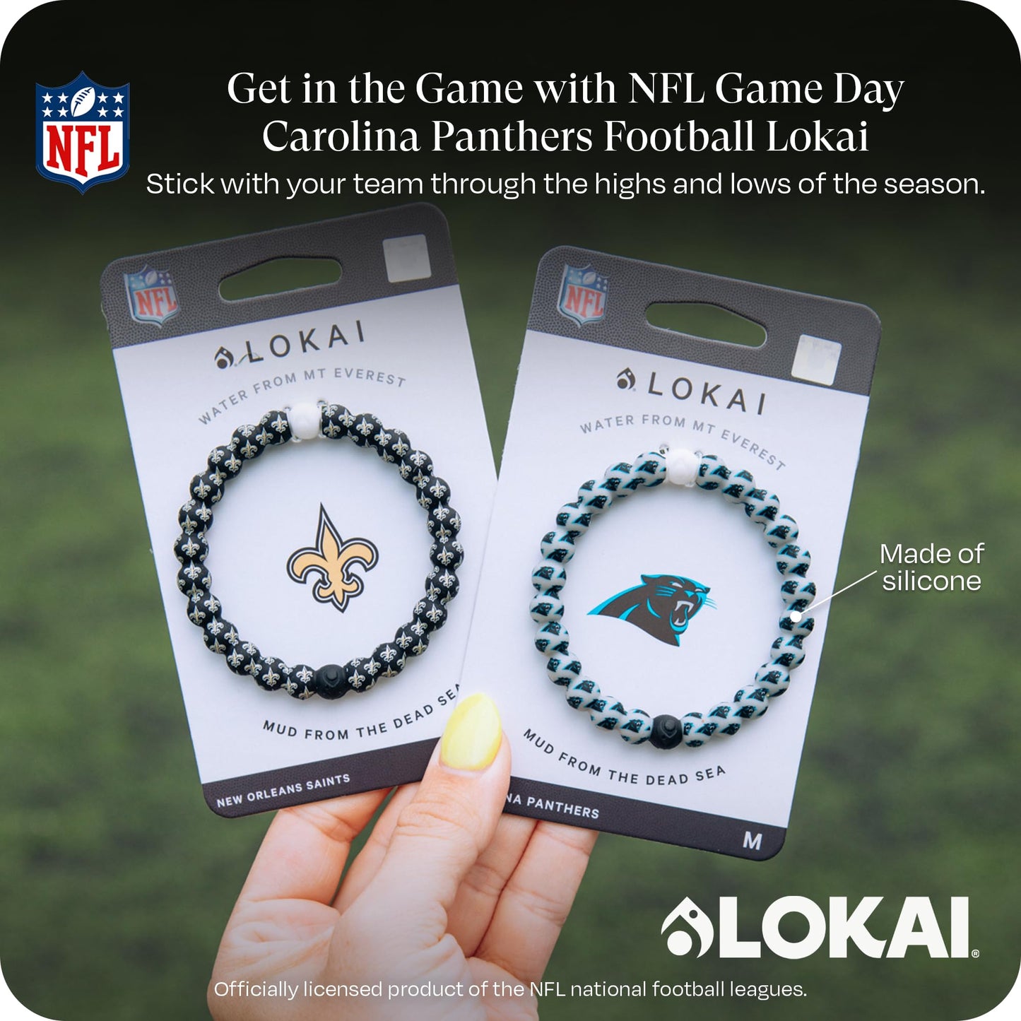 Lokai Silicone Beaded Bracelet for Men & Women, NFL Football Collection - Carolina Panthers, Logo, Large - Silicone Jewelry Fashion Bracelet Slides-On for Comfortable Fit