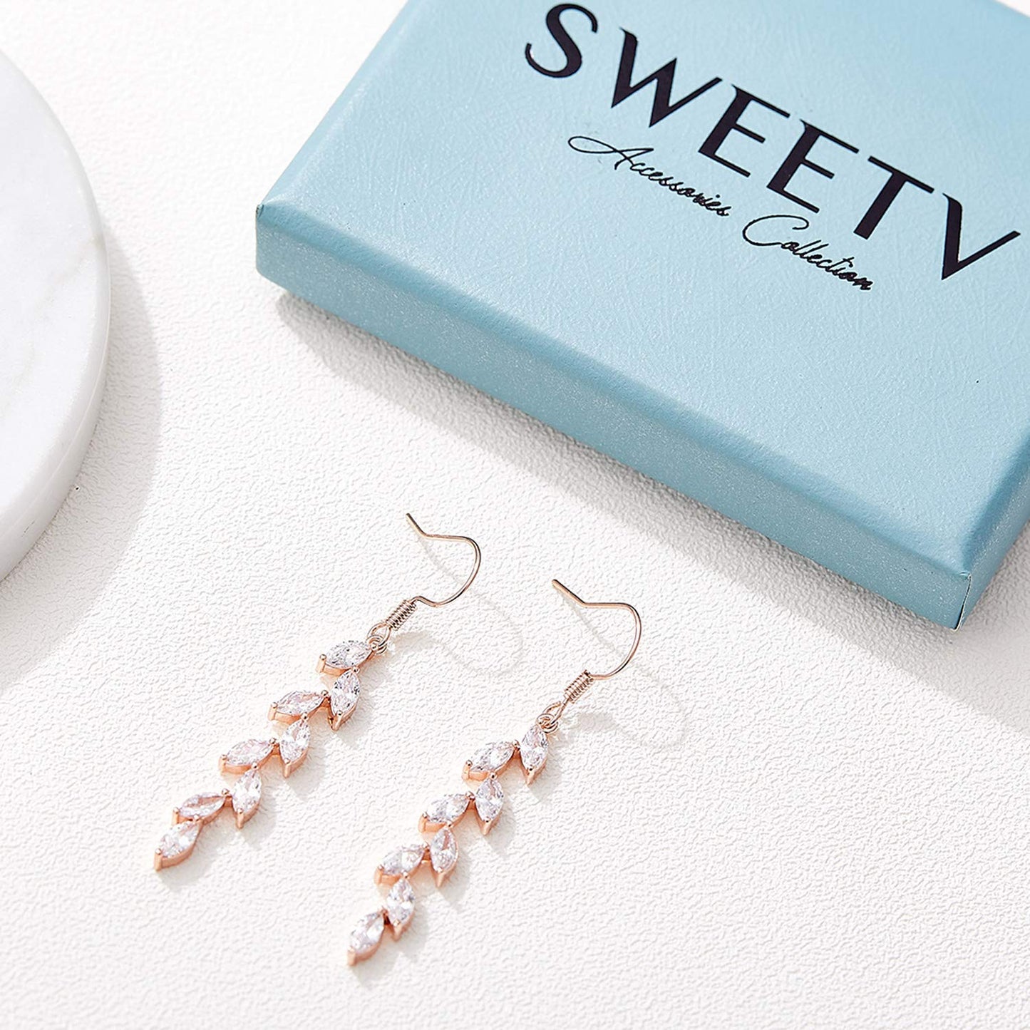 SWEETV Rose Gold Plated Marquise Wedding Dangle Earrings for Brides Birdesmaid, Crystal Long Bridal Earrings for Women Prom