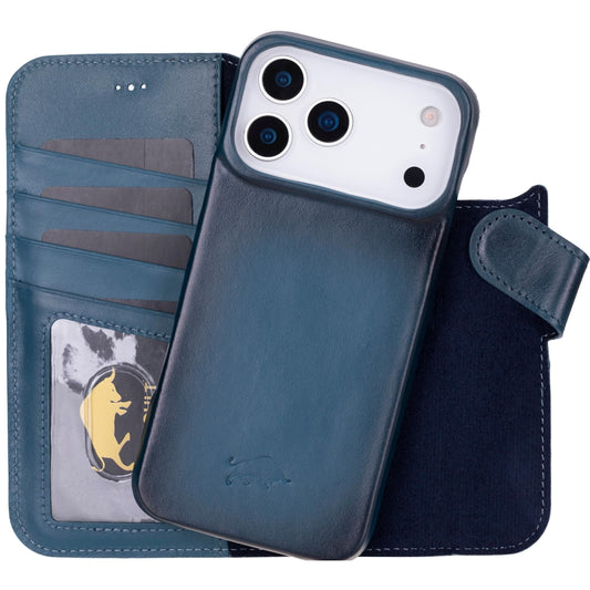 VENOULT Leather Wallet Case for iPhone 17 Pro Max, Full Grain Genuine Leather, Magnetic Detachable, 4 Card Holder, Buesiness Style, Compatible with MagSafe, RFID, Handmade (Admiral Blue)