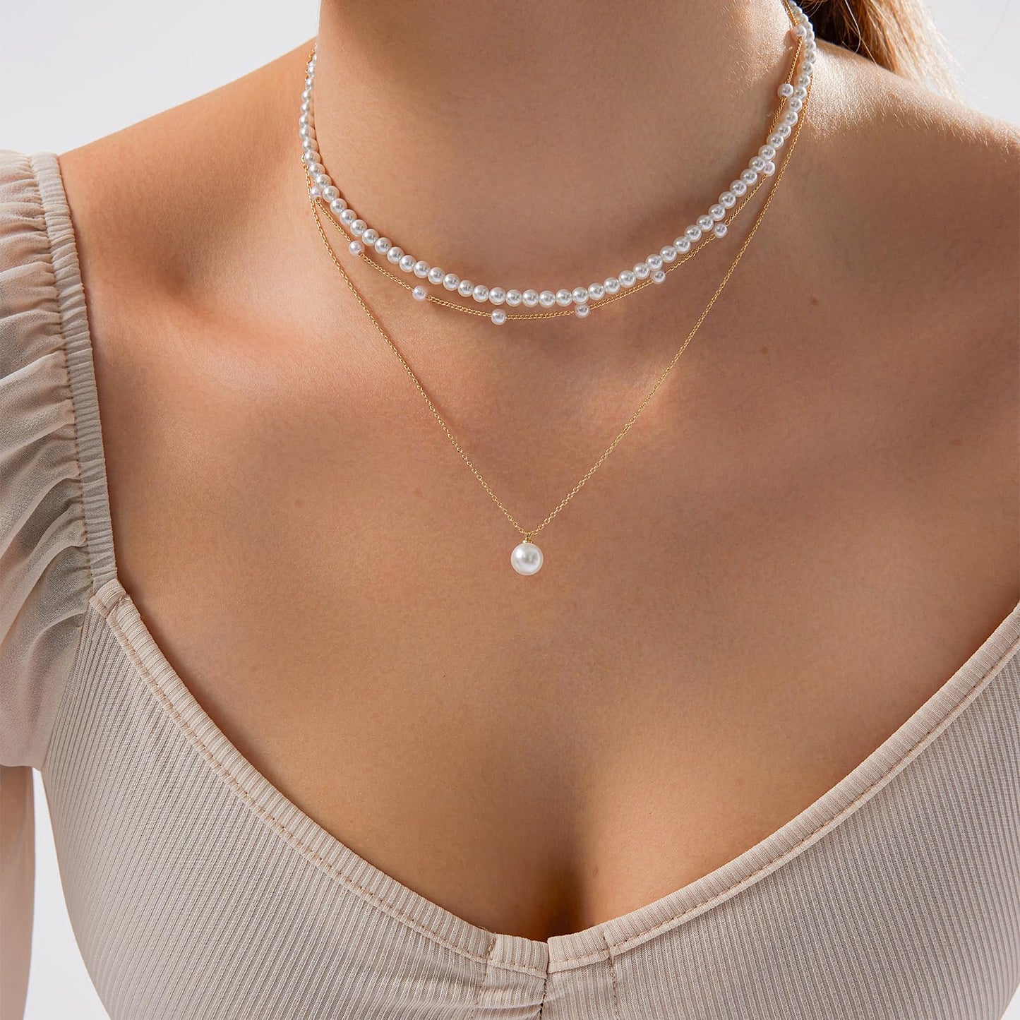 Luxval Layered Gold Pearl Necklaces for Women 14K Gold Plated Dainty Layered Tiny Single Pearl Choker Trendy Cute Gold Necklace Stack Wedding Jewelry Sets for Women Bridesmaid Gifts