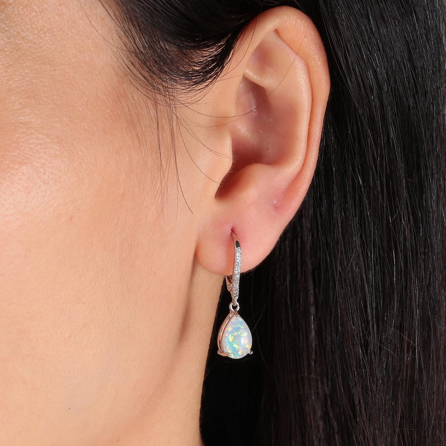 Leverback White Opal Dangle Earrings 14k White Gold Plated Drop Earrings for Women Teardrop Earrings Elegant Jewelry Gifts for Mothers Day Birthday Party