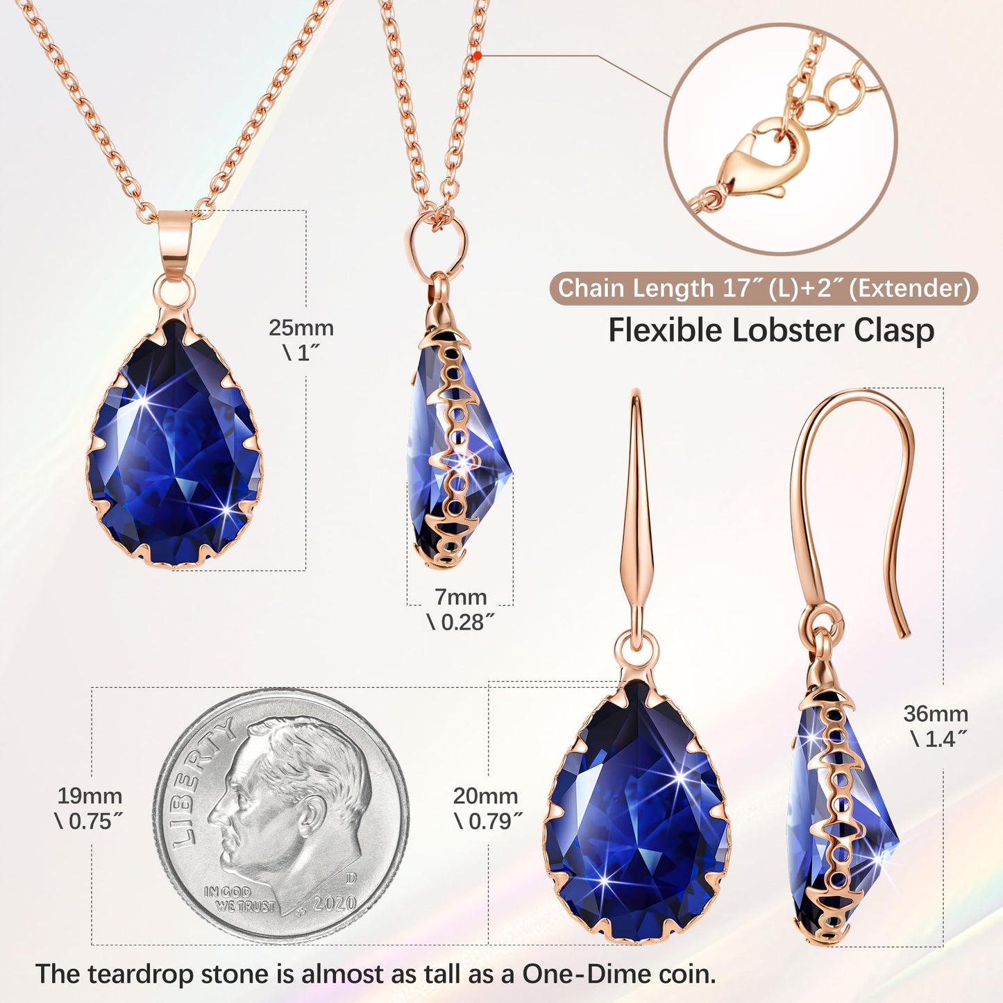 Linawe Sapphire Crystal Boho Jewelry Sets for Women, Navy Blue Earring Set Rose Gold Pendant Necklace Imitation Diamond Rhinestone Matching Cubic Zirconia Birthstone Teardrop
