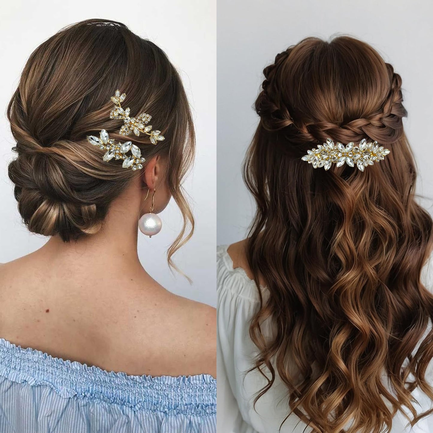 4 Pieces Rhinestone Hair Clips Gold Leaf Wedding Hair Pins Crystal Bobby Pins Gold Bridal Hairpin Barrette for Brides Bridesmaids Flower Girls
