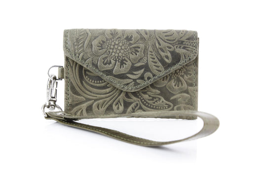 American Bison Small Floral Filigree Wristlet for Women – Compact Card Holder Wallet with Wrist Strap – Minimalist Clutch for ID, Credit Cards & Essentials (Green)
