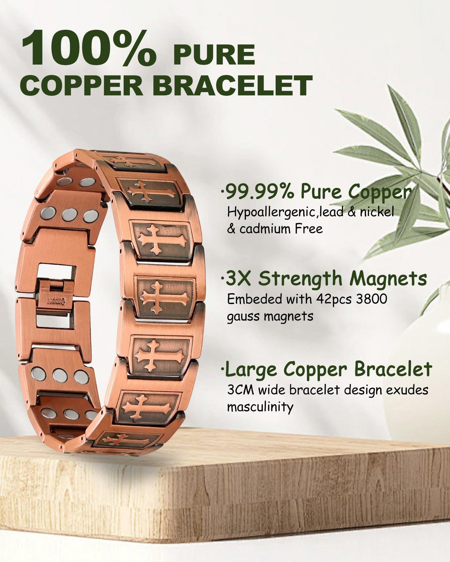 MagEnergy 99.99% Copper Bracelet for Men, Cross Copper Magnetic Bracelet with 3800 Gauss Magnets, Adjustable with Sizing Tool, Pulsera de cobre para Hombre, Men's Jewelry Gift