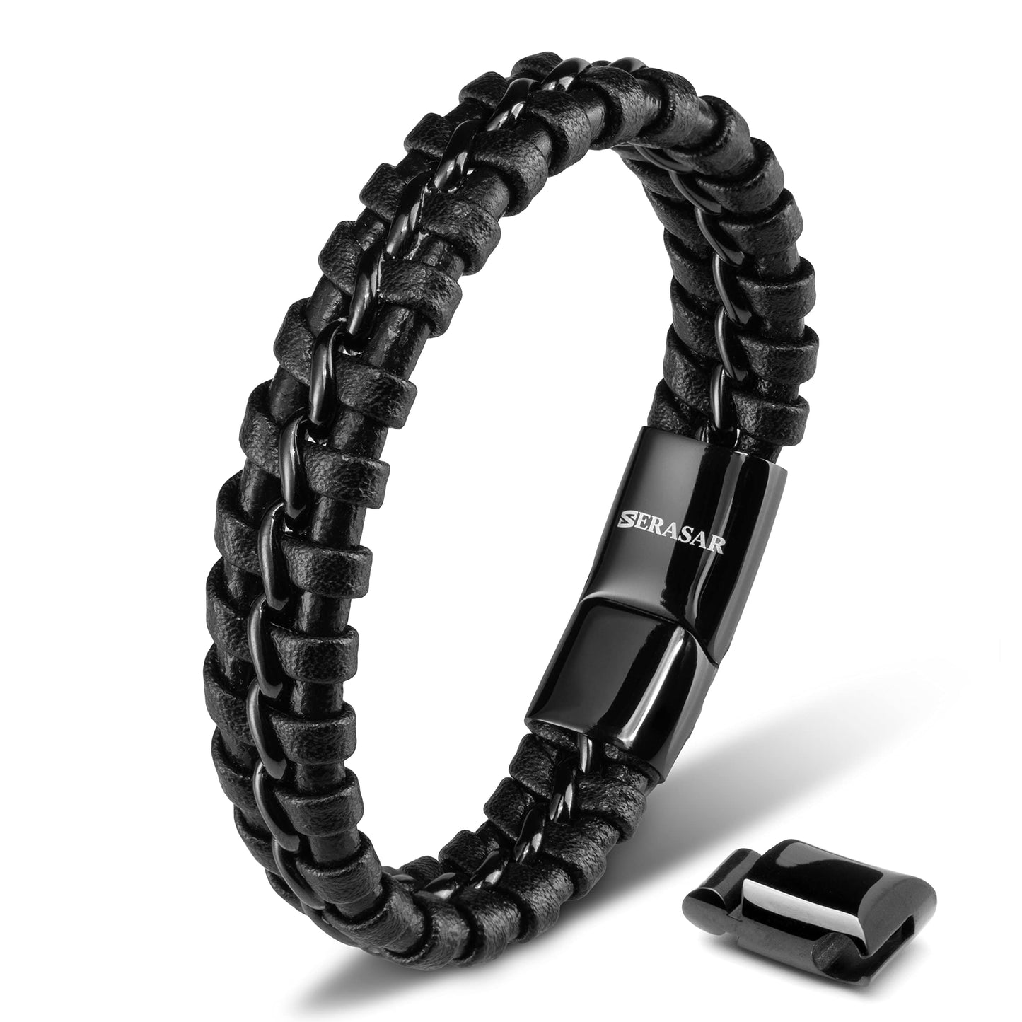 SERASAR 8″ Black Leather Bracelets for Men Mens Cowhide Gift Box Braided Bracelet Stainless Steel Jewelry Wrist Band Cuff Wrap Rope Bangle Dad Man Pulseras para Hombres Cuero Regalo