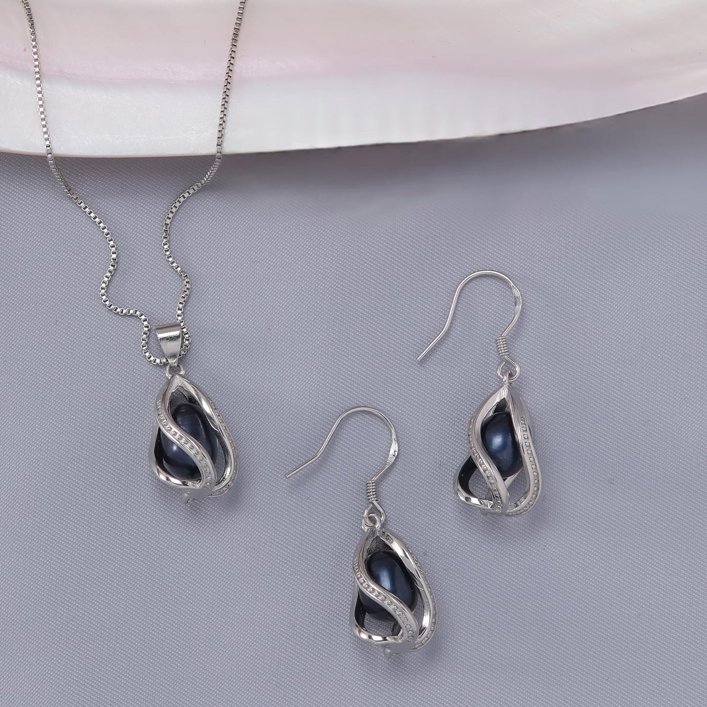 HENGSHENG Pearl Jewelry Set For Women S925 Sterling Silver Necklace & Earrings Set Freshwater Pearl Pendant Cage Set for Wedding Anniversary Prom Birthday Gift - Silvery Black
