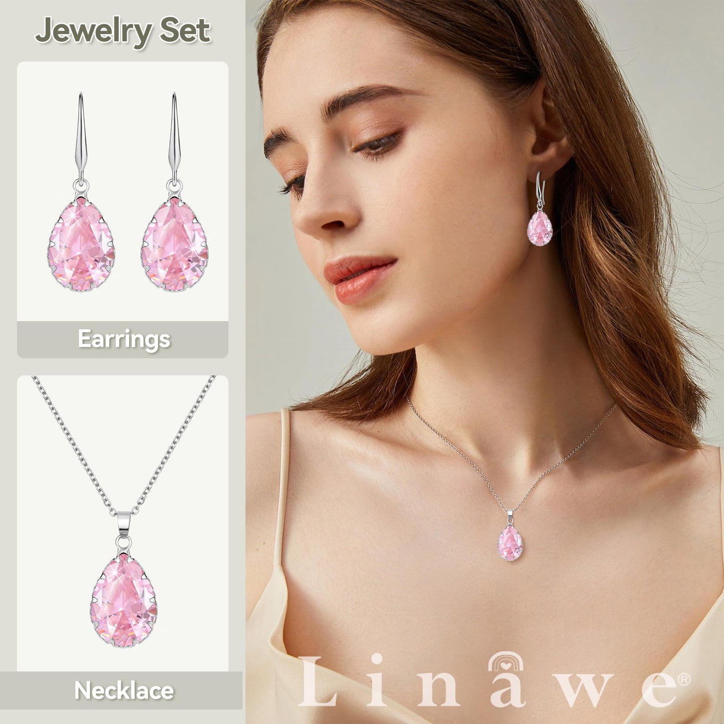 Linawe Pink Jewelry Sets for Women, Crystal Pendant Necklace Set Silver, Imitation Diamond Rhinestone Cubic Zirconia Birthstone Teardrop Dangle Drop Earrings, Matching Necklace Wedding Earring Set