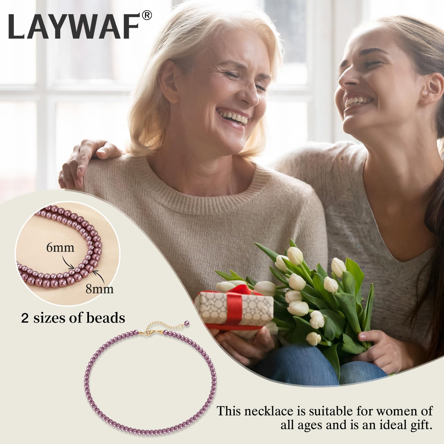 LAYWAF Imitation Pearl Necklaces for Women, Purple Fake Pearl Choker Necklace, 6MM Beaded Necklace, Costume Faux Pearl Jewelry, Wedding Mom Necklace