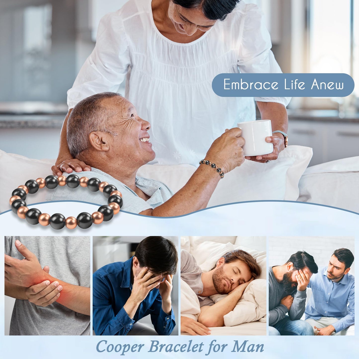 PEALICIOUS Copper Bracelet for Women and Men, 10MM Copper Magnetic Bracelet with 3800 Gauss Magnet Beads as Birthday Gift for Dad, Cooper Hematite Jewelry Pulsera De Cobre Para Mujer for Parents