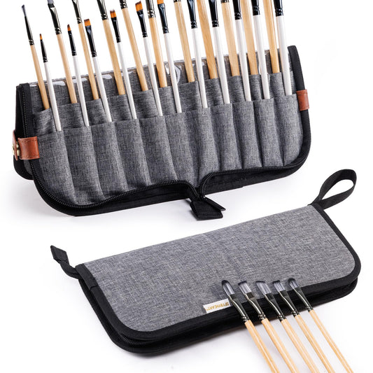 Paint Brush Holder Case for Artists with 22 Slots, Brush Organizer with Pop-Up Stand, Travel Paintbrush Storage Bag for Acrylic Oil Watercolor, Zippered Art Brush Cover (Brushes Not Included)