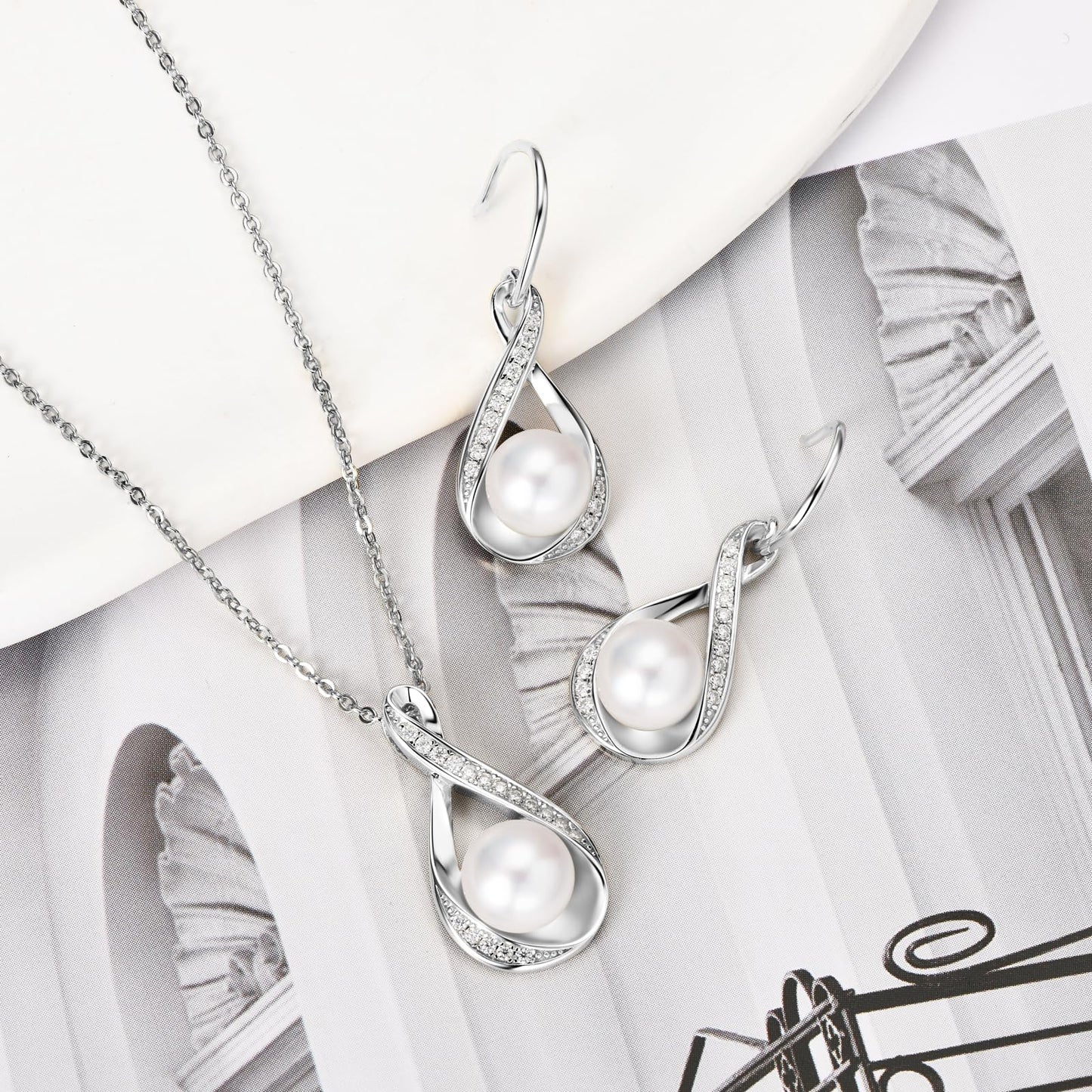 DENGGUANG Sterling Silver Pearl Jewelry Set with Moissanite, Real Freshwater Pearl Earrings Necklace for Women, Wedding Jewelry for Brides Bridesmaid, Mother's Day
