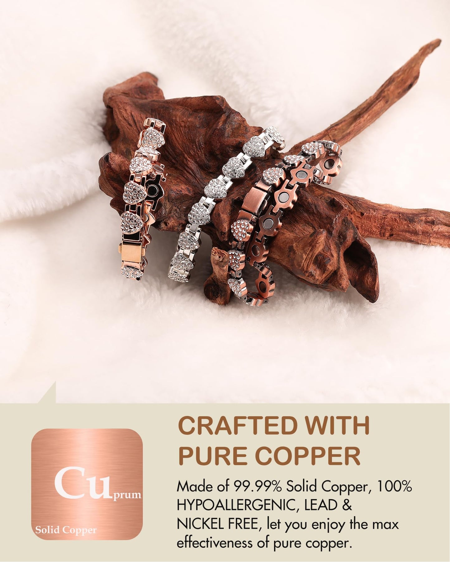 Feraco Copper Bracelets for Women, Ultra Strength Magnetic Bracelet with 3800 Gauss Neodymium Magnets & Dazzling Cubic Zirconia, Pure Copper Jewelry Gift, Heart Shape (Silver)